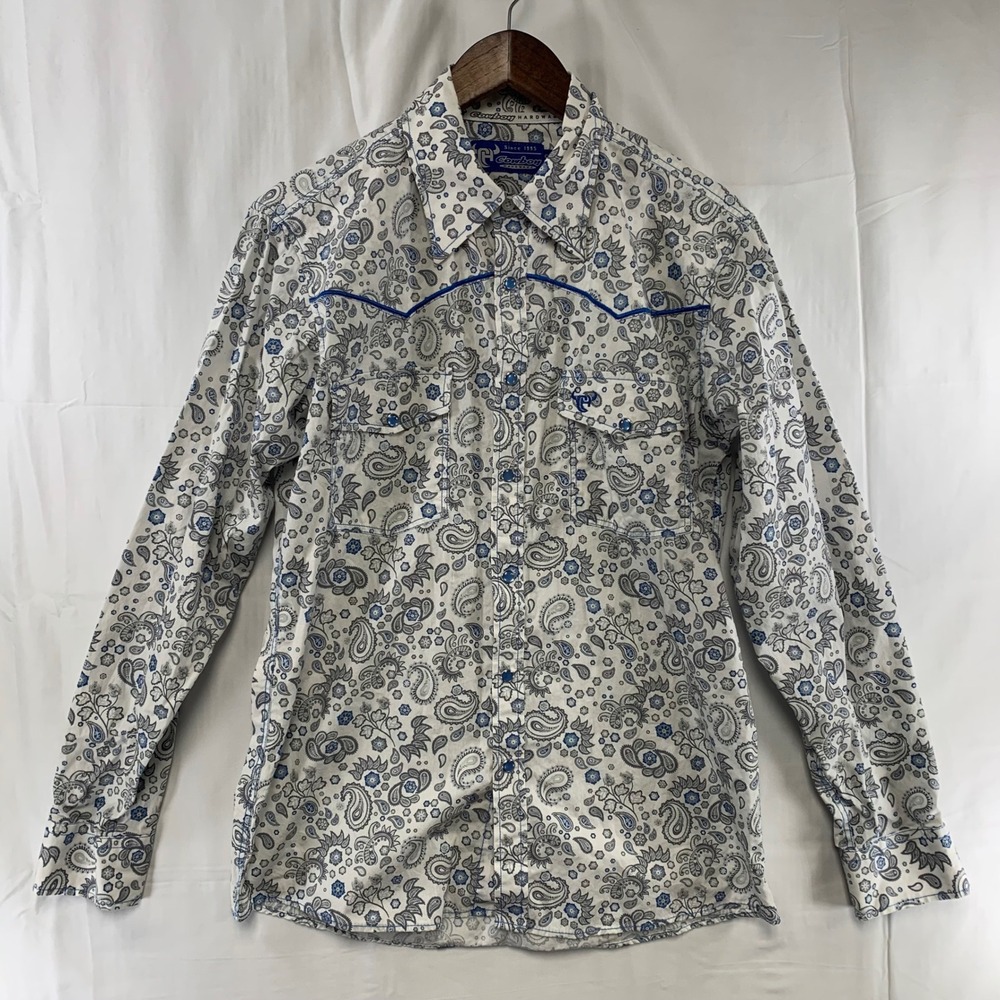 Cowboy Hardware Western Shirt Mens Small White Blue Paisley Pearl Snap Yoke